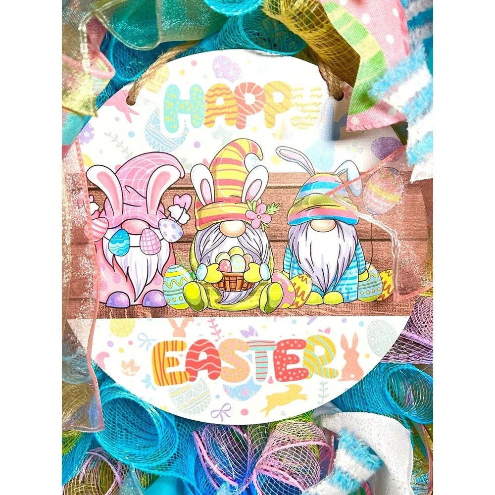 Handmade Easter Bunny Gnome Prelit Ribbon Wreath 22 in LED W10